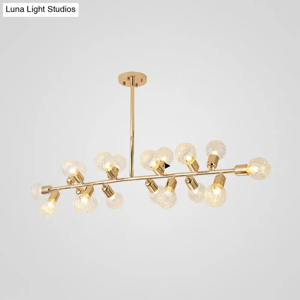 Contemporary Gold Linear Led Island Lighting - 18 Lights Hanging Ceiling Lamp With Ribbing Glass