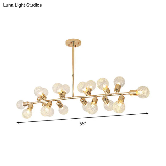 Contemporary Gold Linear Led Island Lighting - 18 Lights Hanging Ceiling Lamp With Ribbing Glass