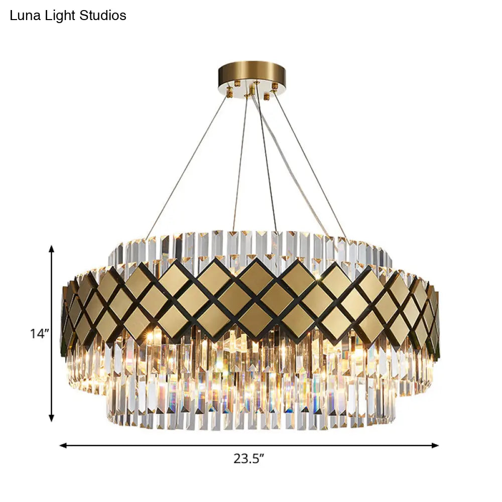 Contemporary Gold Mesh Chandelier - 12-Light Clear Crystal Pendant Light