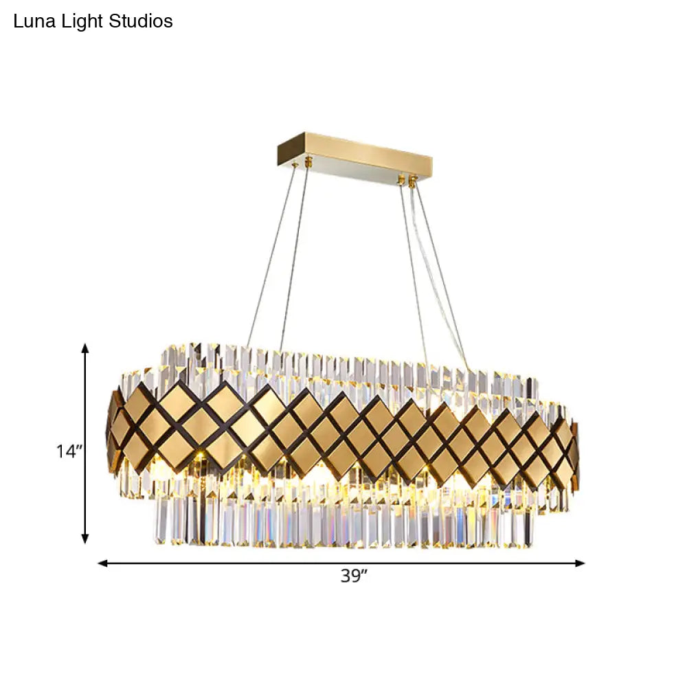 Contemporary Gold Pendant - Crystal Block Oval Island Light With 16-Light Dining Room Illumination