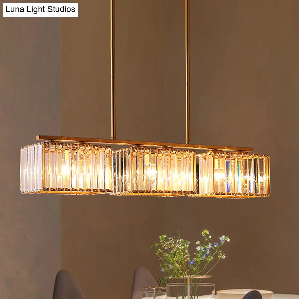 Contemporary Gold Pendant Lighting For Dining Room - Metal Linear Island Lamp With Clear Cuboid