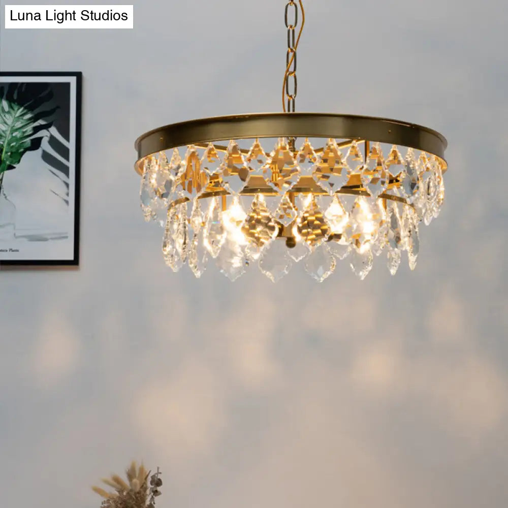 Contemporary Gold Rhombic Crystal Ring Chandelier - 4 Bulb Suspension Lamp