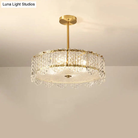 Contemporary Gold Round Bedroom Ceiling Fixture With Clear Crystal Blocks - Semi Flush 4 Heads