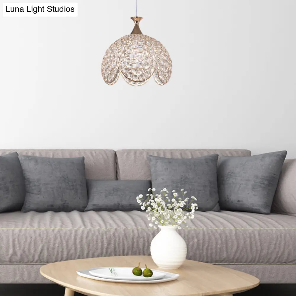 Contemporary Clear Crystal Pendant Light With Gold Ruffled Edge - 1 Dome Suspension Lamp (8/10/12 W)