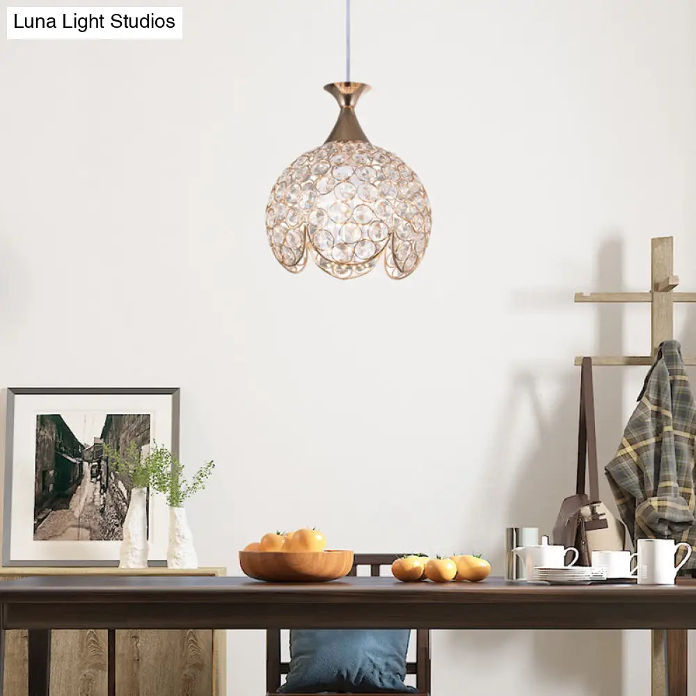 Contemporary Clear Crystal Pendant Light With Gold Ruffled Edge - 1 Dome Suspension Lamp (8/10/12 W)