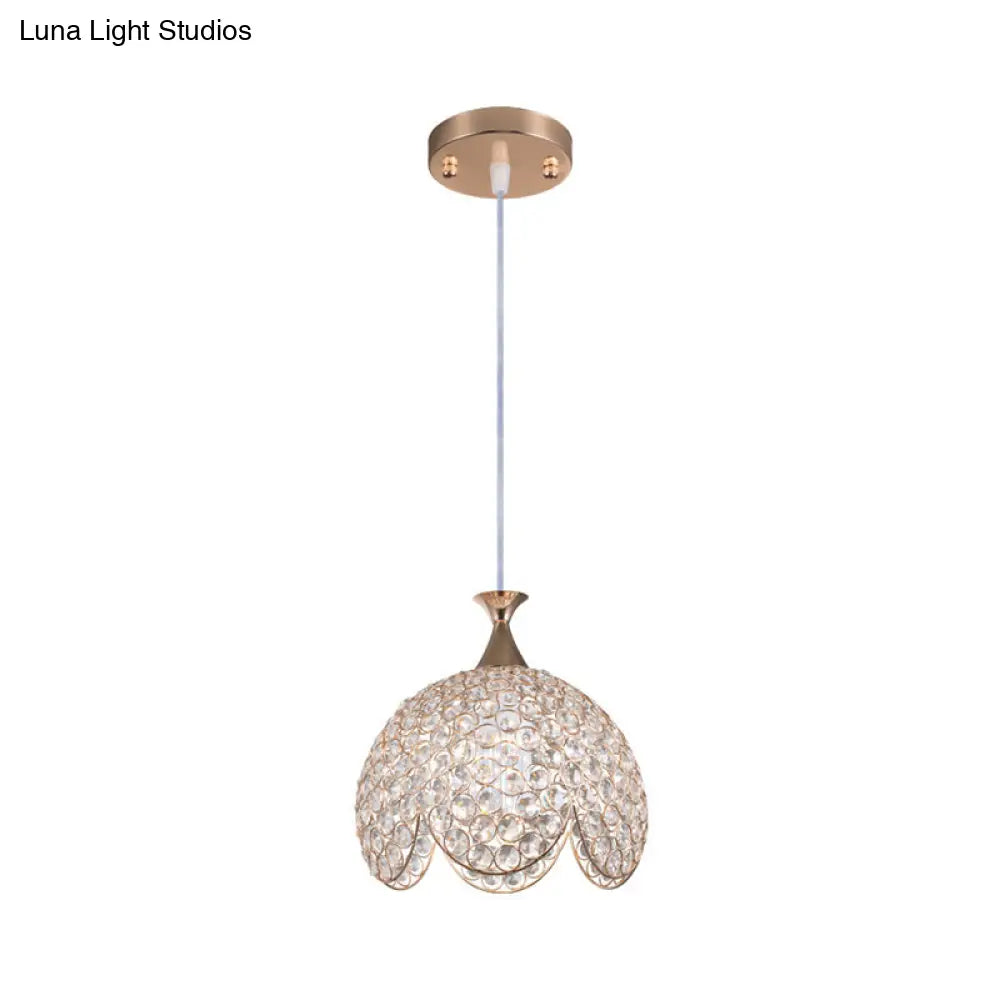 Contemporary Gold Ruffled Edge Crystal Pendant Lamp - 1 Light Dome Suspension Clear Various Sizes