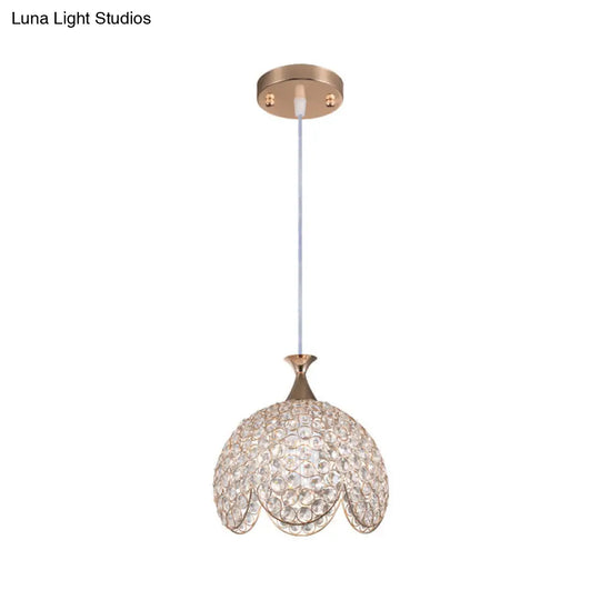 Contemporary Gold Ruffled Edge Crystal Pendant Lamp - 1 Light Dome Suspension Clear Various Sizes