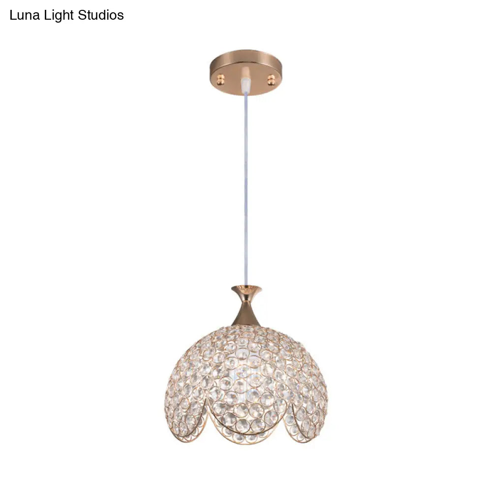 Contemporary Gold Ruffled Edge Crystal Pendant Lamp - 1 Light Dome Suspension Clear Various Sizes