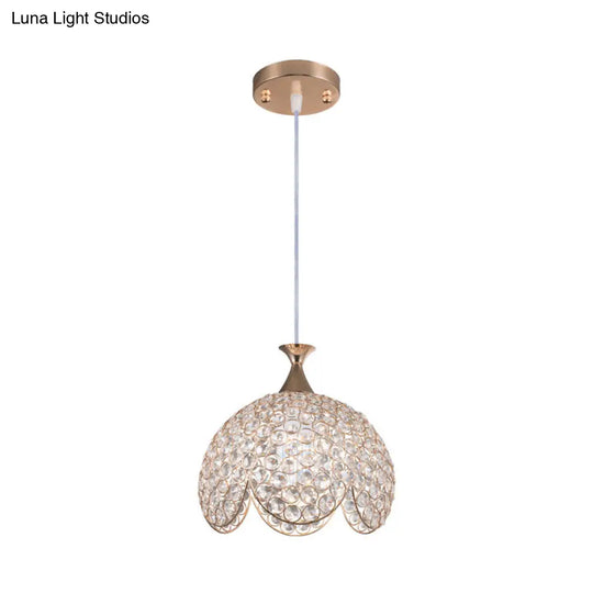 Contemporary Gold Ruffled Edge Crystal Pendant Lamp - 1 Light Dome Suspension Clear Various Sizes