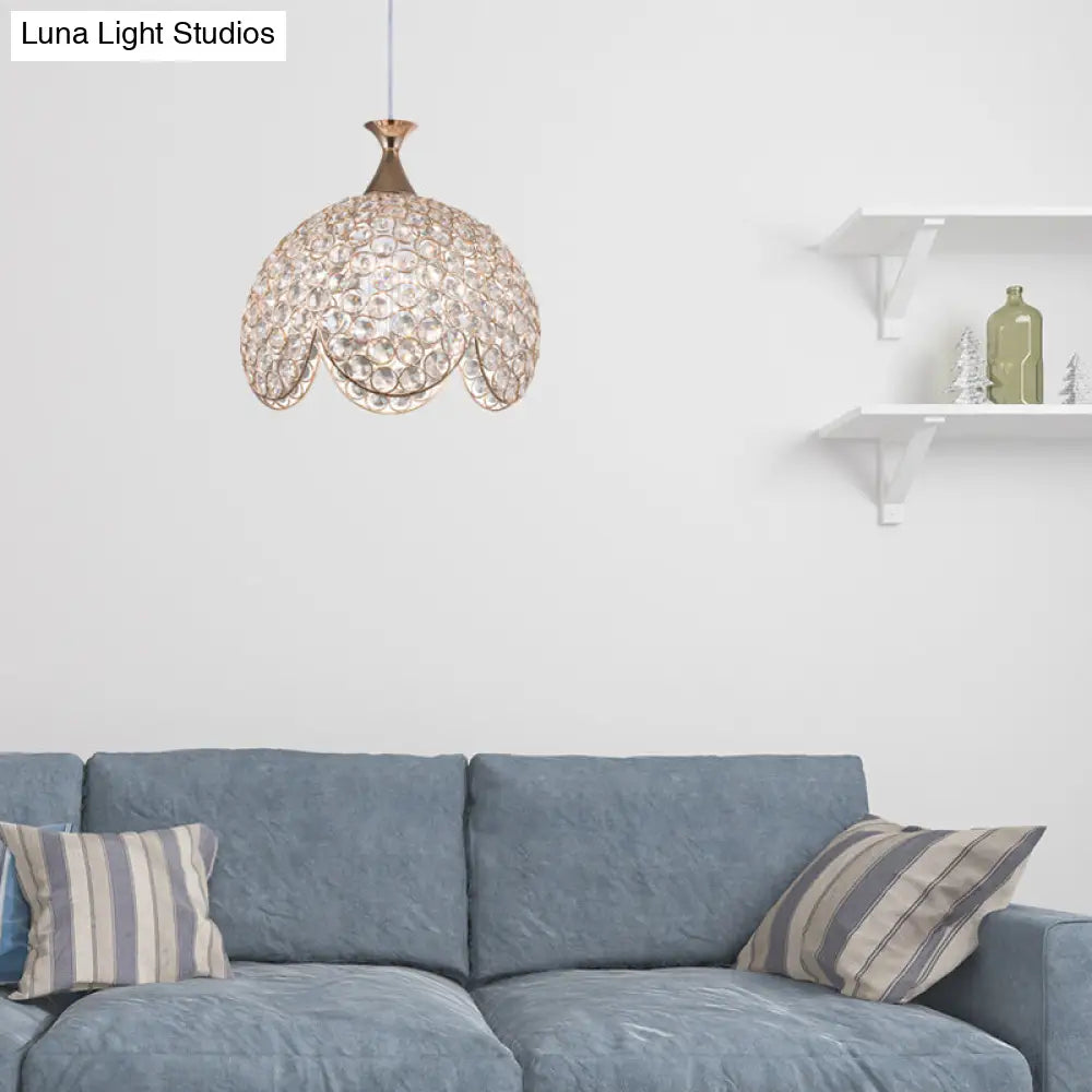 Contemporary Gold Ruffled Edge Crystal Pendant Lamp - 1 Light Dome Suspension Clear Various Sizes