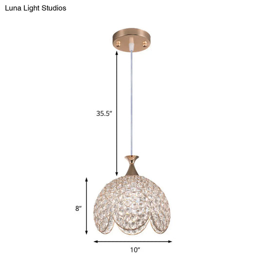 Contemporary Gold Ruffled Edge Crystal Pendant Lamp - 1 Light Dome Suspension Clear Various Sizes