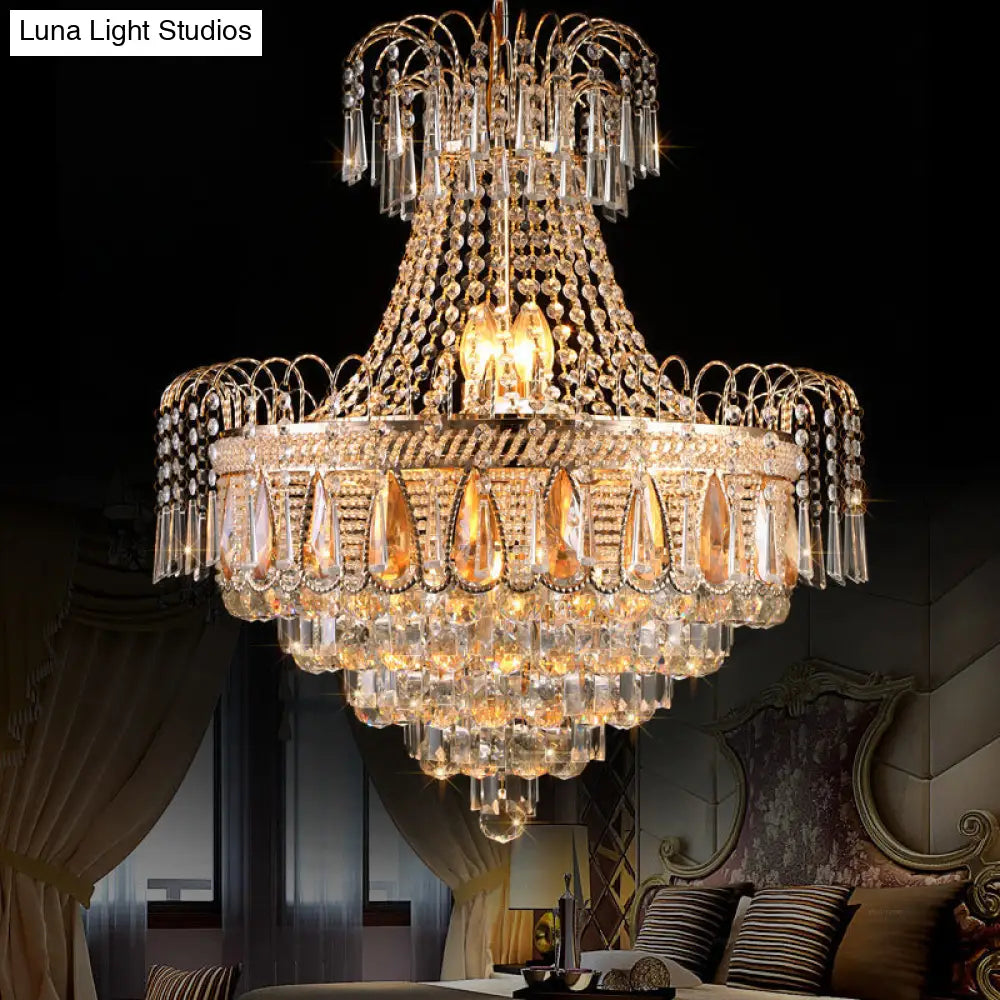 Gold Contemporary Tiered Bedroom Chandelier With 10 Crystal Lights