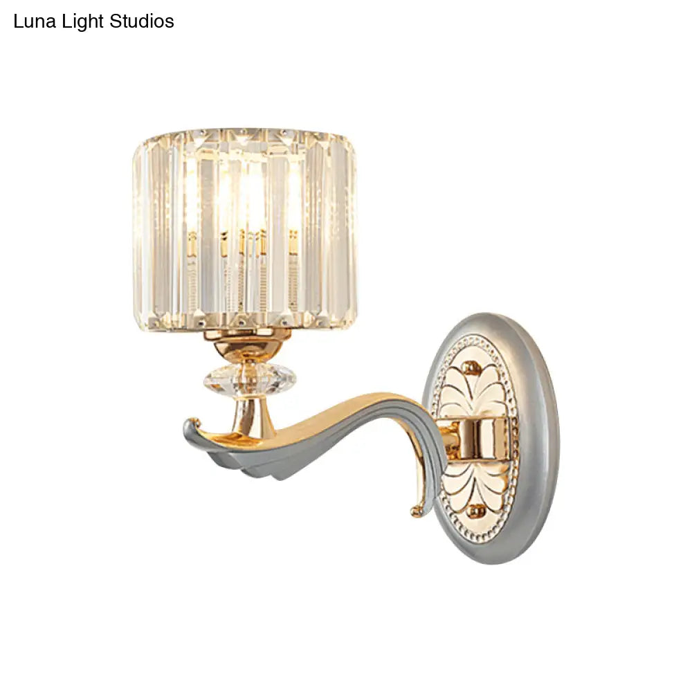 Contemporary Gold Wall Light With Clear Crystal Shade - Modernist 1/2-Head Cylinder Lamp