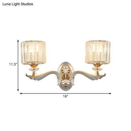Contemporary Gold Wall Light With Clear Crystal Shade - Modernist 1/2-Head Cylinder Lamp