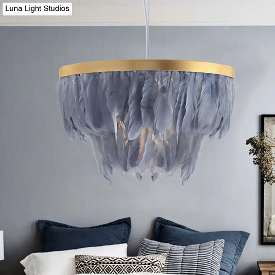 Contemporary Grey/White Suspension Lamp: 2-Tier Hanging Light With Fabric Shade For Living Room