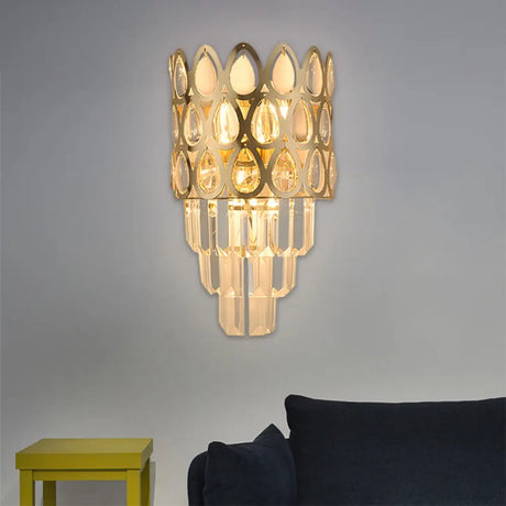Contemporary Grid Wall Mount Teardrop Crystal Light - 3 Lights Black/Gold Sconce Lamp Fixture Gold
