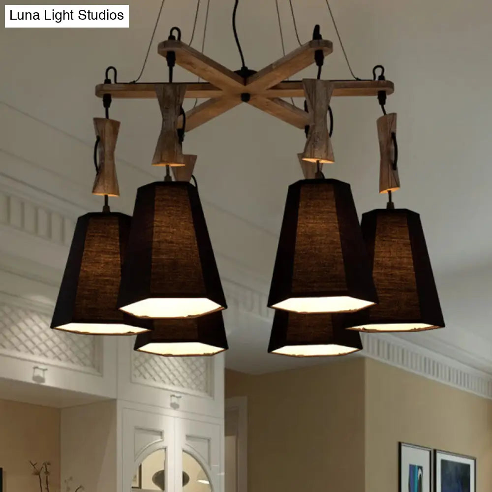 Contemporary Fabric Hexagon Chandelier With 6 Black/White/Flaxen Heads For Dining Room Black