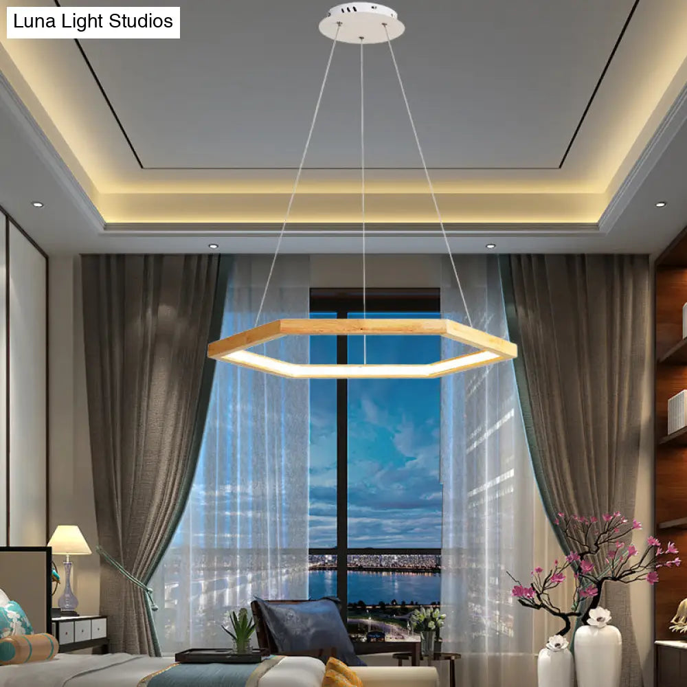 Contemporary Hexagonal Led Pendant Chandelier In Acrylic And Wood - 16/19.5/23.5 Wide