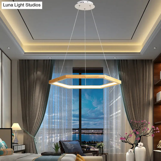 Contemporary Hexagonal Led Pendant Chandelier In Acrylic And Wood - 16/19.5/23.5 Wide