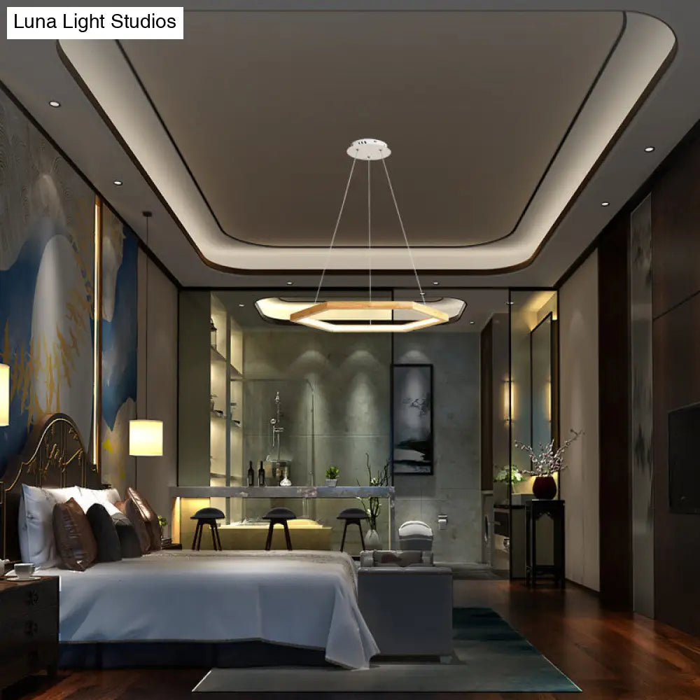 Contemporary Hexagonal Led Pendant Chandelier In Acrylic And Wood - 16/19.5/23.5 Wide