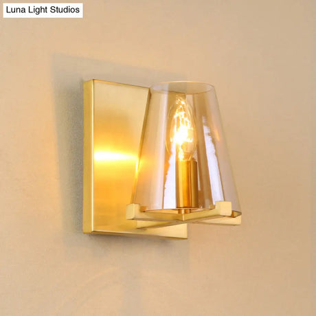 Contemporary Indoor Brass Wall Sconce With Glass Shade - Single Light Mount Lamp For Living Room