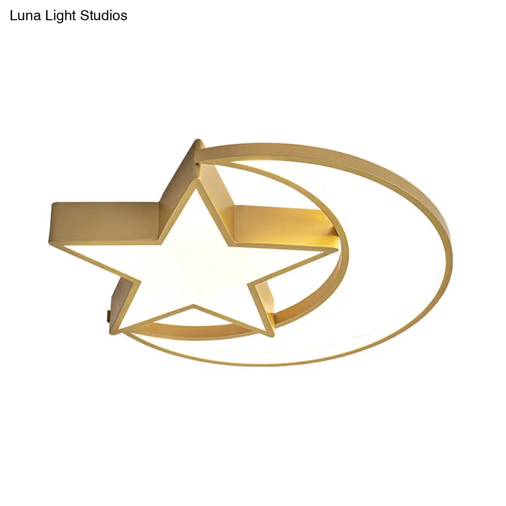 Contemporary Iron Crescent - Star Surface Ceiling Light Led Flush Mount In Gold - 16’/19.5’