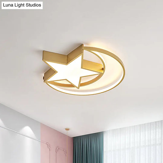 Contemporary Iron Crescent-Star Surface Ceiling Light Led Flush Mount In Gold - 16/19.5 Wide Bedroom