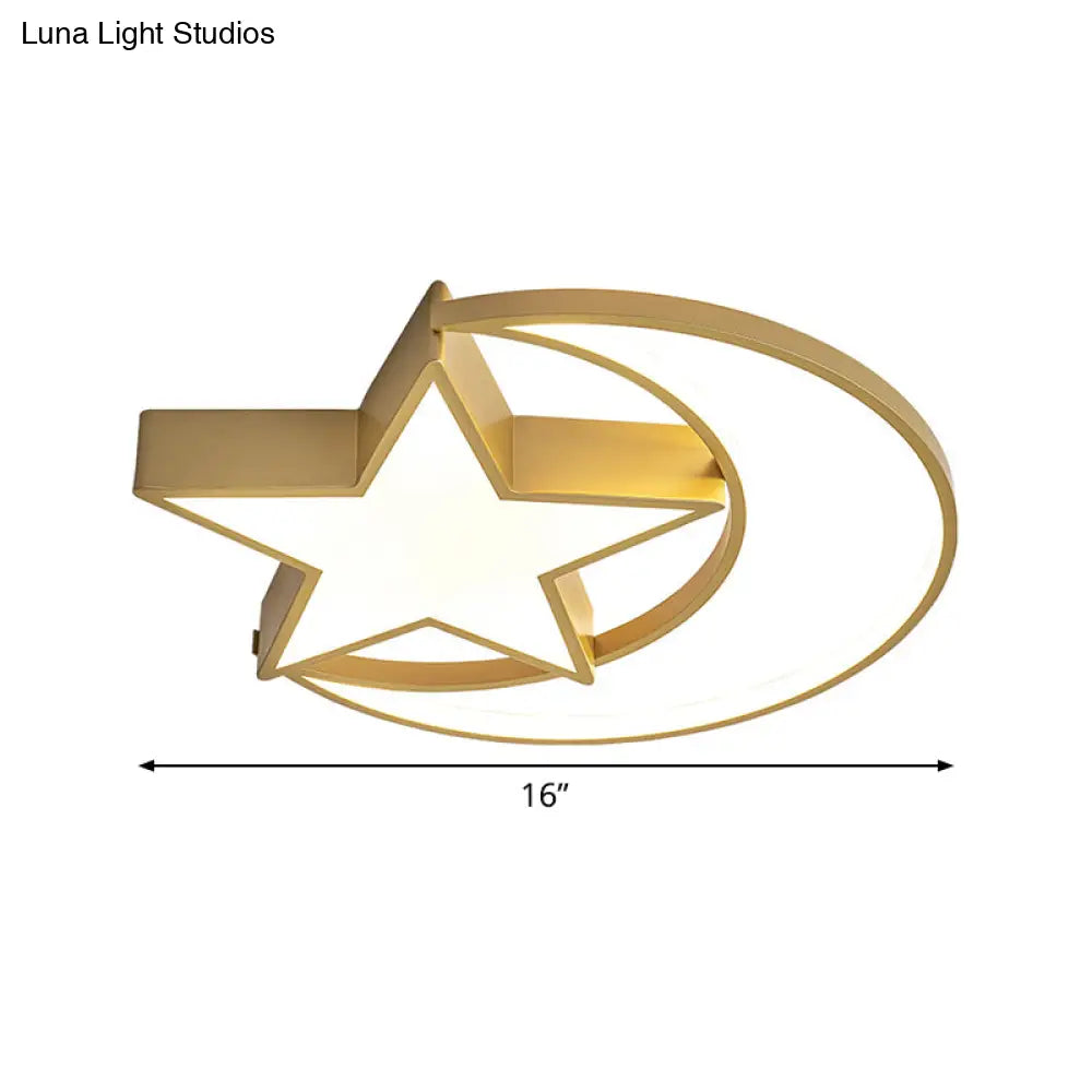 Contemporary Iron Crescent-Star Surface Ceiling Light Led Flush Mount In Gold - 16/19.5 Wide Bedroom