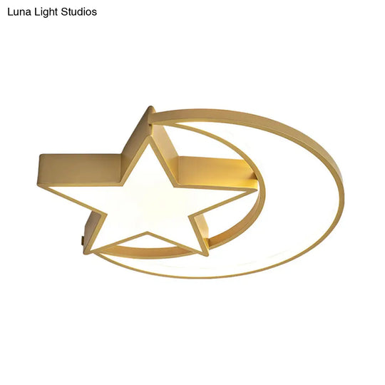 Contemporary Iron Crescent-Star Surface Ceiling Light Led Flush Mount In Gold - 16/19.5 Wide Bedroom