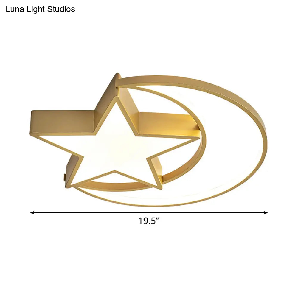 Contemporary Iron Crescent-Star Surface Ceiling Light Led Flush Mount In Gold - 16/19.5 Wide Bedroom