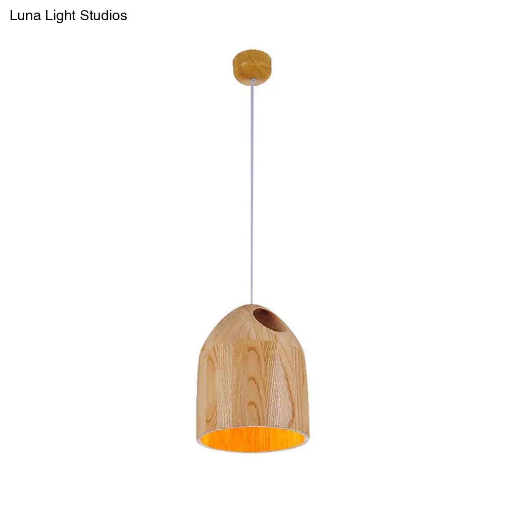 Contemporary Japanese Style Wood Bell Pendant - Beige Ceiling Light With Adjustable Cord- 1-Light