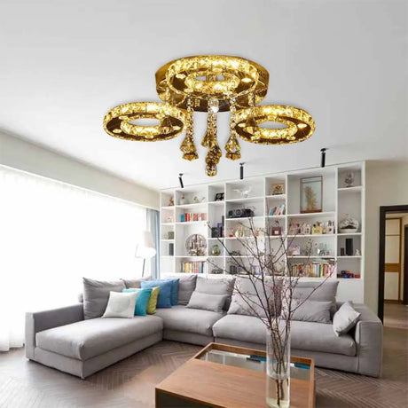 Contemporary K9 Crystal Chrome Ring Led Ceiling Lamp - Multiple Sizes & Colors Available