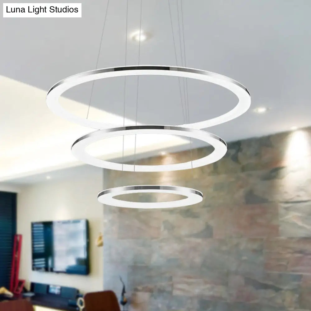 Contemporary Led Acrylic Round Ceiling Pendant Chandelier - 1/2/3-Head Silver Warm/White Light