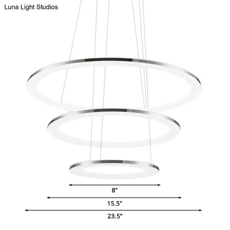 Contemporary Led Acrylic Round Ceiling Pendant Chandelier - 1/2/3-Head Silver Warm/White Light