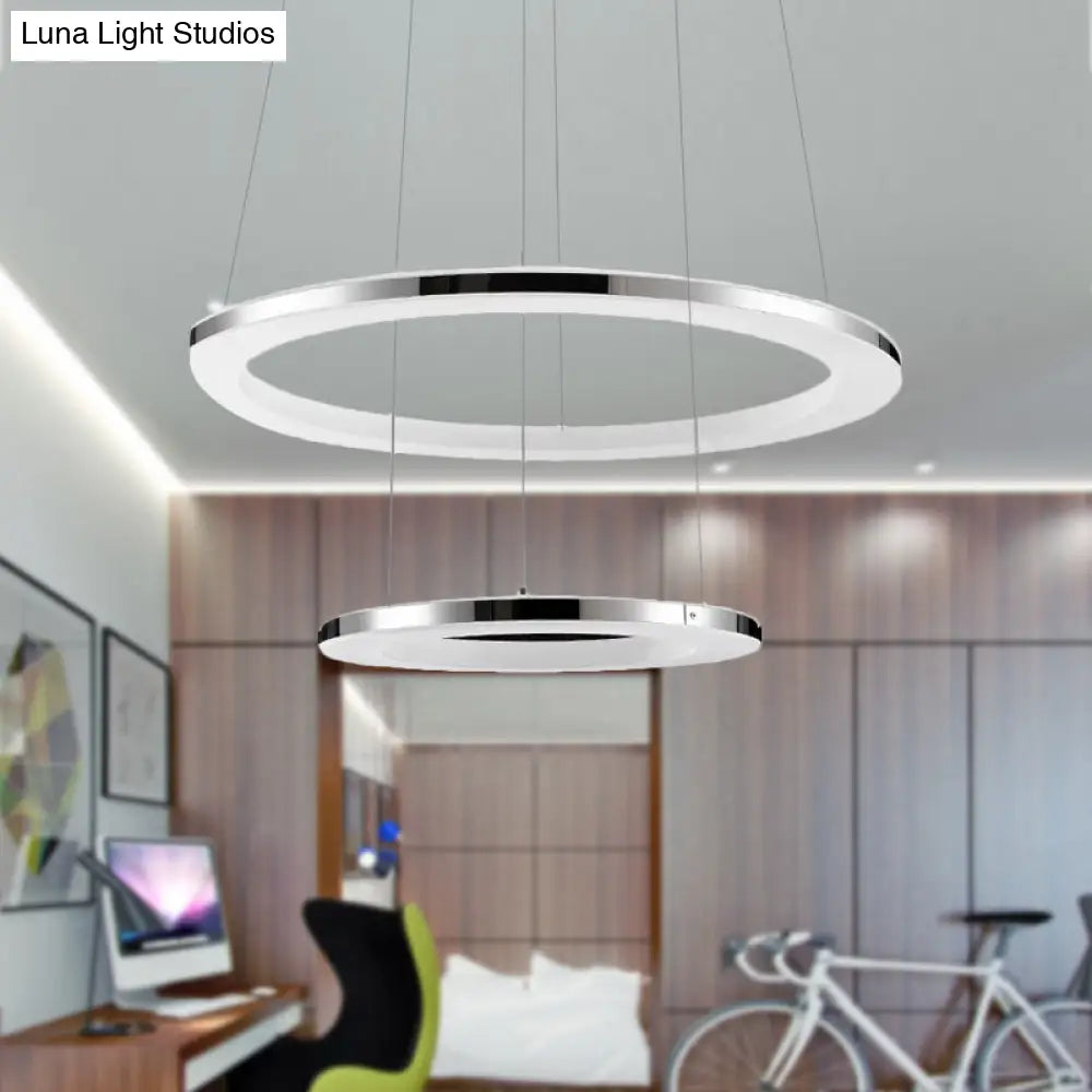 Contemporary Led Acrylic Round Ceiling Pendant Chandelier - 1/2/3-Head Silver Warm/White Light