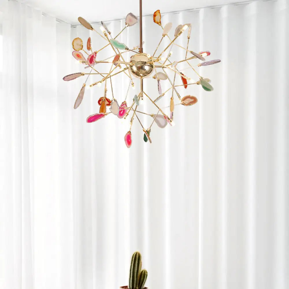 Contemporary Led Agate Suspension Pendant Light For Dining Room - Gold Leaf Chandelier Lighting 16