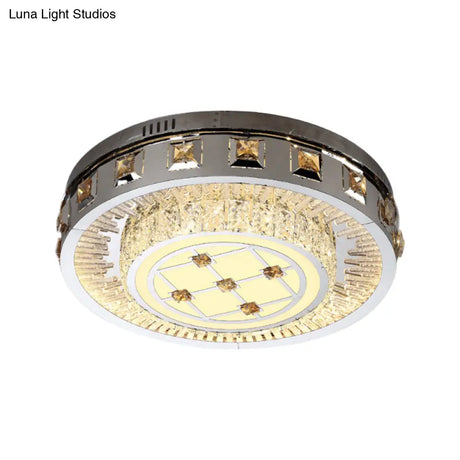 Contemporary Led Bedroom Lighting Fixture - Stainless Steel Flush Mount With Circular Crystal Blocks