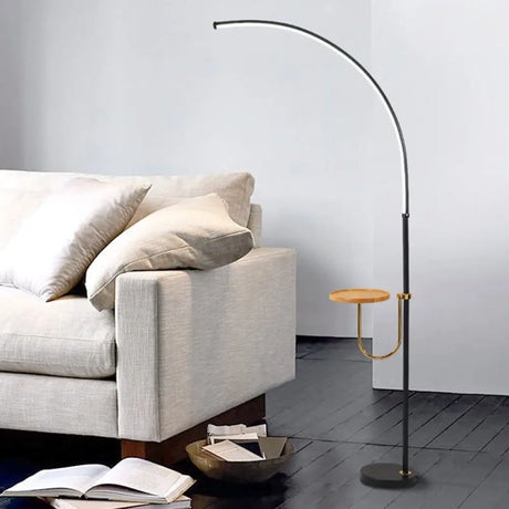 Contemporary Led Black Floor Lamp With Table Design - Bent Metallic Standing Lighting In Warm/White