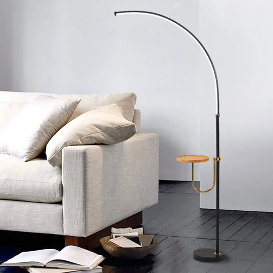 Contemporary Led Black Floor Lamp With Table Design - Bent Metallic Standing Lighting In Warm/White