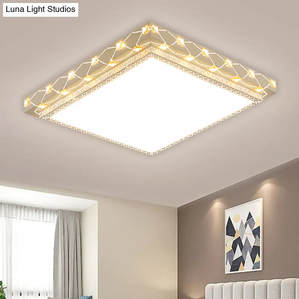 Contemporary Led Ceiling Flush Mount In White With Beveled Crystal Deco