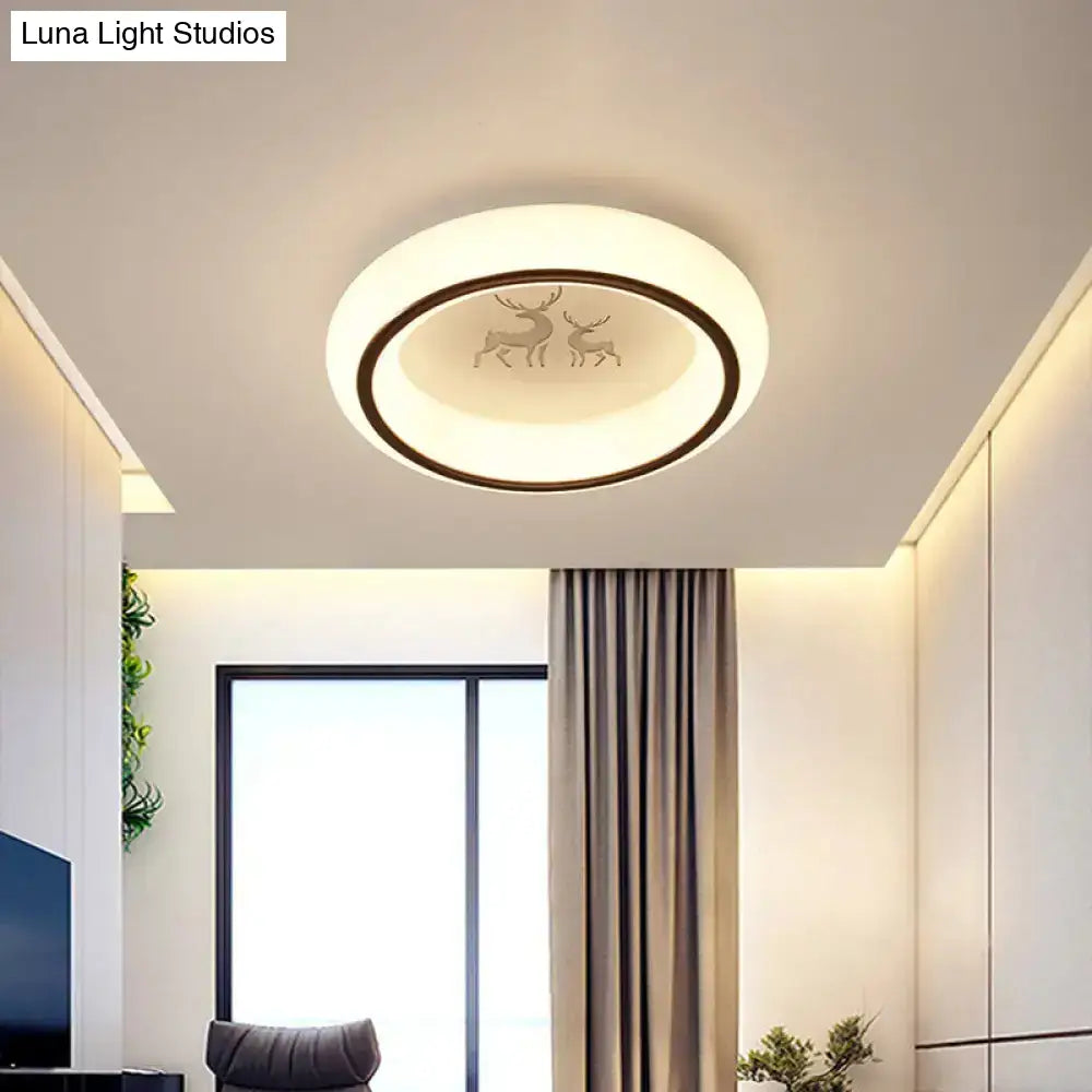 Contemporary Led Ceiling Lamp In White With Moon Deer And Hot Air Balloon Flush Light /