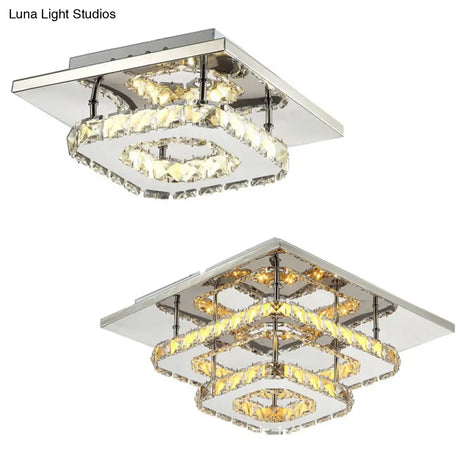 Contemporary Led Chrome Square Ceiling Lamp: Clear Crystal Flush Mount Lighting For Porch