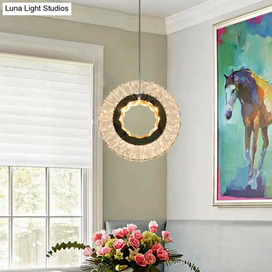 Contemporary Led Bedchamber Pendant Lamp With Clear Crystal Block Ring Swag