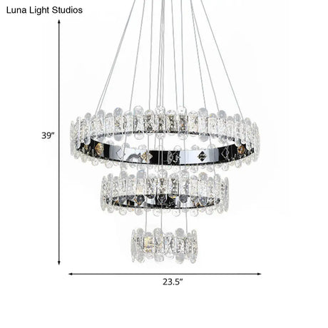 Contemporary Led Crystal Chandelier - 3-Tiered Circle Pendant Light With Embedded Chrome