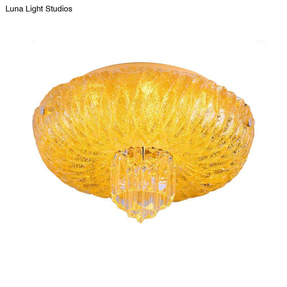 Contemporary Led Crystal Flush Mount Ceiling Lamp With Gold-Faceted Bowl Shade
