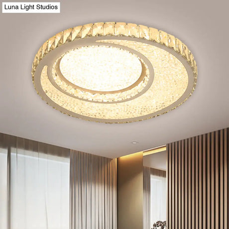 Contemporary Led Crystal Round Flush Mount Ceiling Lamp In Chrome With Warm/White Light