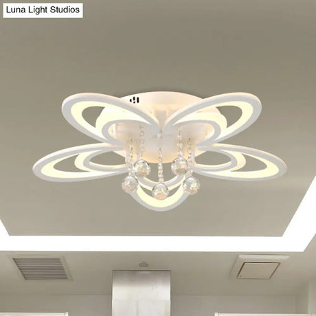 Contemporary Led Flush Ceiling Lamp In White - Acrylic And Crystal Semi Mount Lighting