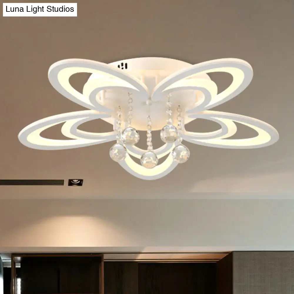 Contemporary Led Flush Ceiling Lamp In White - Acrylic And Crystal Semi Mount Lighting