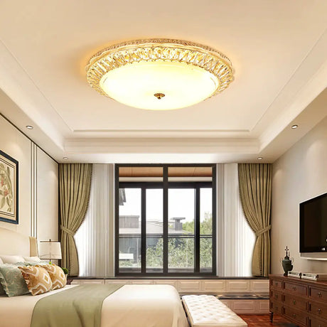 Contemporary Led Flush Mount Ceiling Light With Opal Glass Bowl And Crystal Accents - 12’/16’