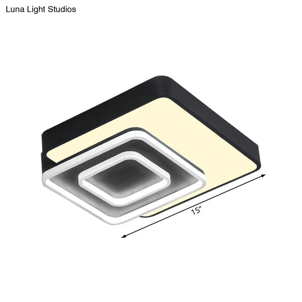 Contemporary Led Flush Mount Lighting Black Square Acrylic Fixture 15’/19’ Wide White/Warm Light